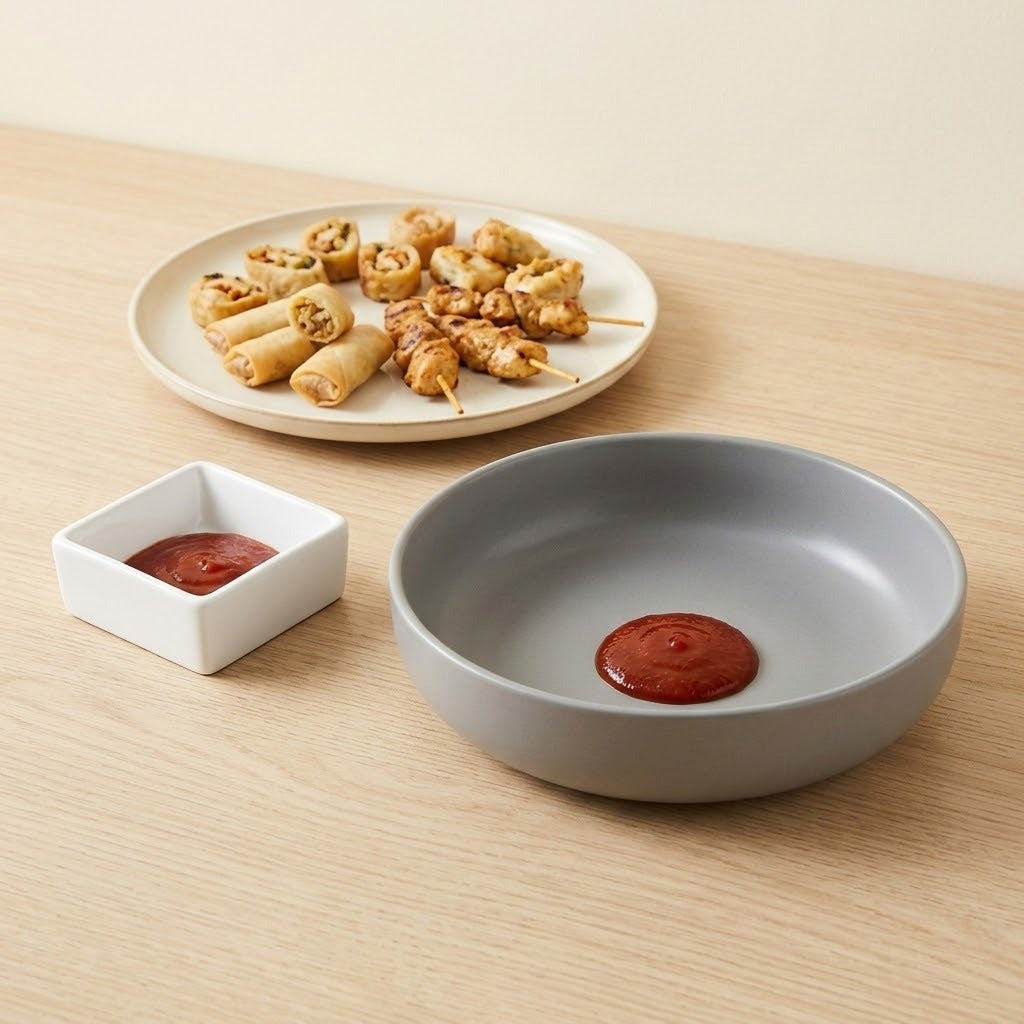 A gray ceramic serving bowl with a small red sauce dollop inside, shown alongside a white square dipping dish with ketchup and a plate of food on a light wood tabletop.