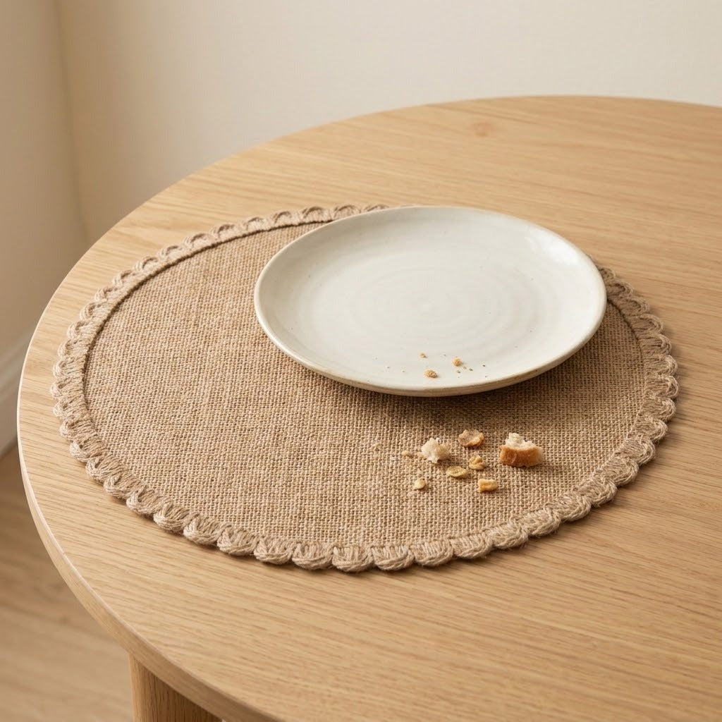 A round woven placemat with a scalloped edge in a natural tan color, styled on a light wood table with a small white ceramic plate on top.