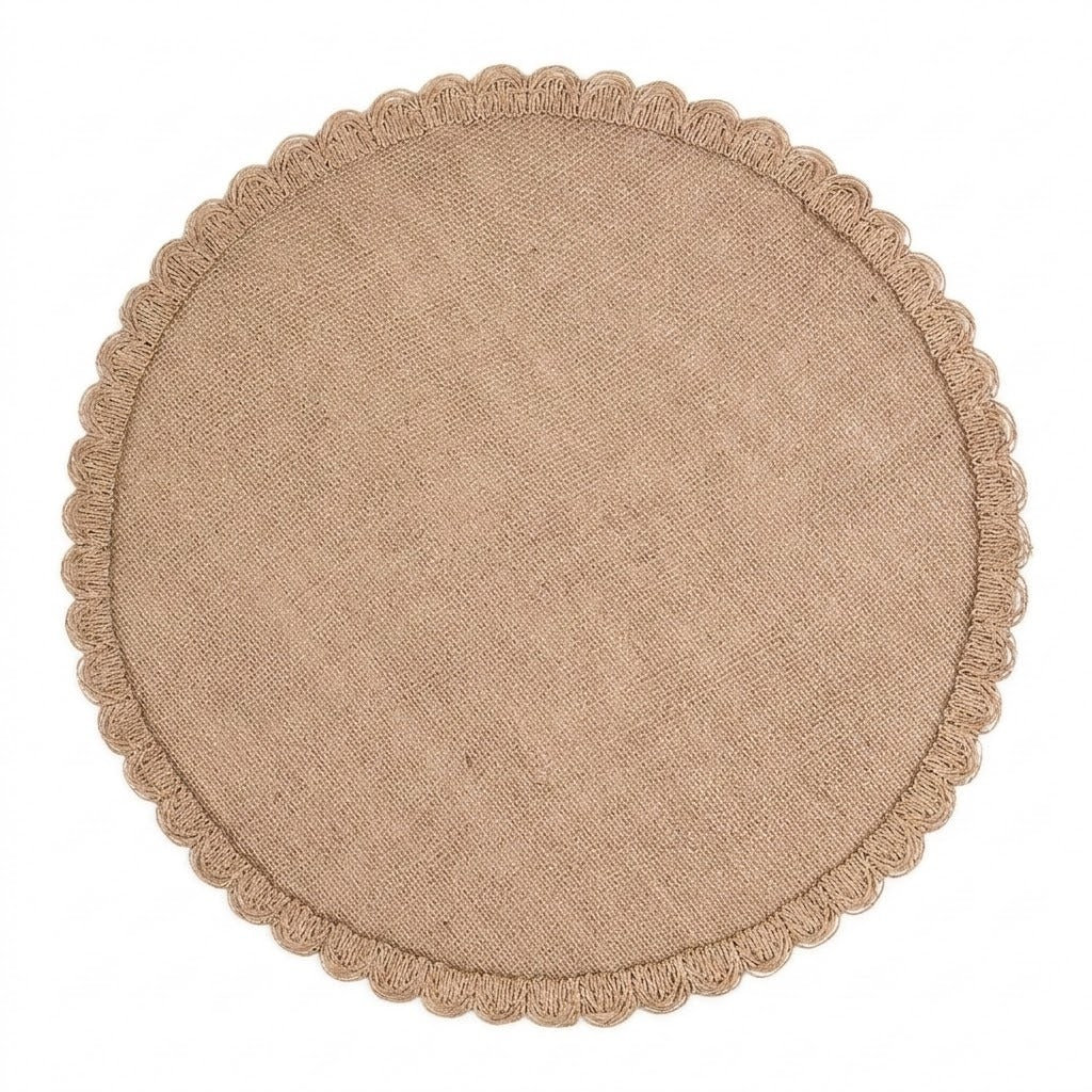 A round beige woven placemat with a scalloped crochet border, shown flat against a white background.