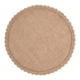 A round beige woven placemat with a scalloped crochet border, shown flat against a white background.