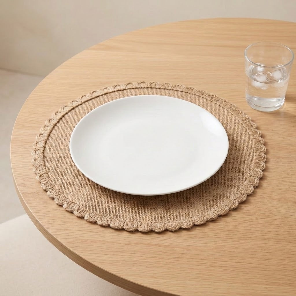 A white ceramic plate centered on a round beige woven placemat with a scalloped edge, set on a light wood table next to a clear glass of water.