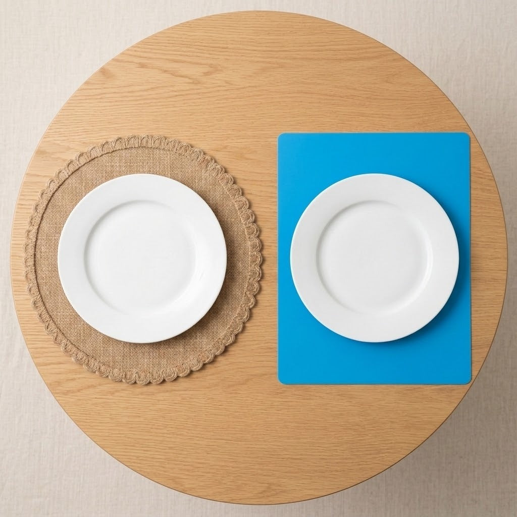 Top-down view of a round wooden table set with two white plates: one on a beige woven placemat and one on a bright blue square placemat.