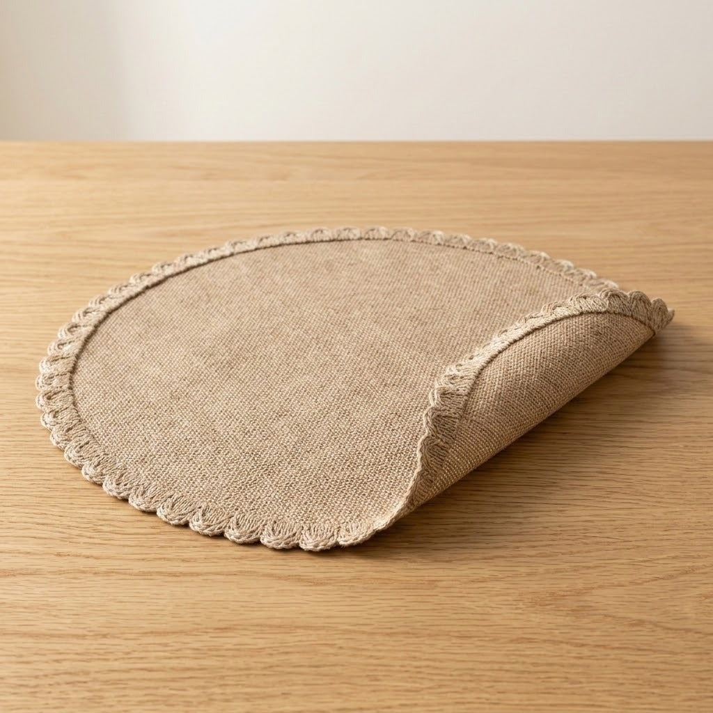 A round beige linen placemat with a scalloped lace trim, folded over on a light wood tabletop.