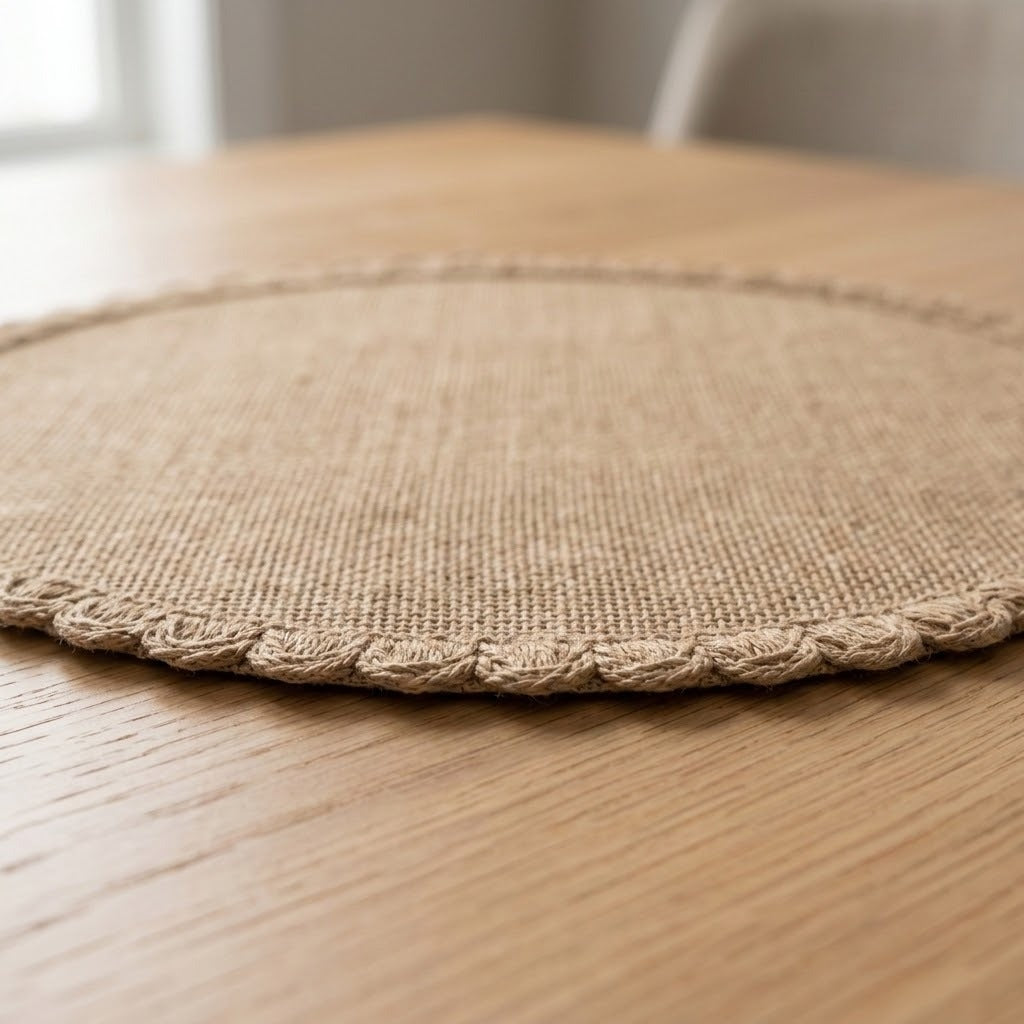 A round woven placemat in a natural tan jute-like fabric with a scalloped braided edge, shown on a light wood table.