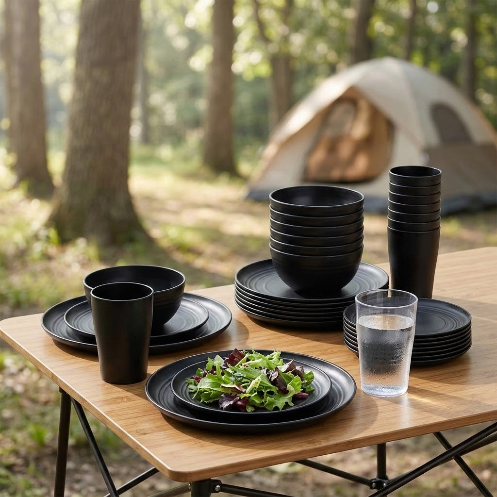 A set of matte black camping tableware, including plates, bowls, cups, and a glass, arranged on a folding wooden table outdoors in a campsite setting with trees and a tent blurred in the background.