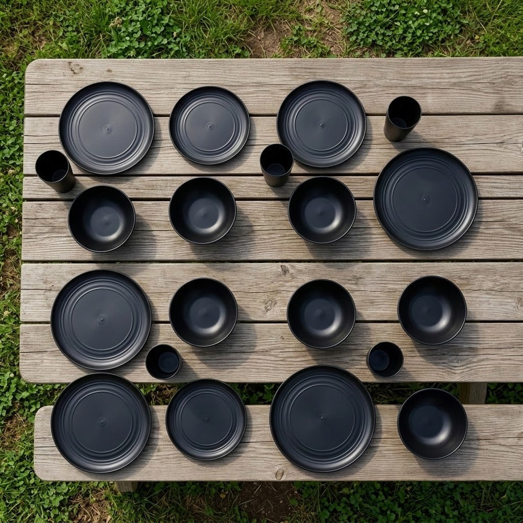 A set of matte black dinnerware, including plates, bowls, and cups, arranged neatly on a weathered wooden picnic table outdoors with green grass visible in the background.