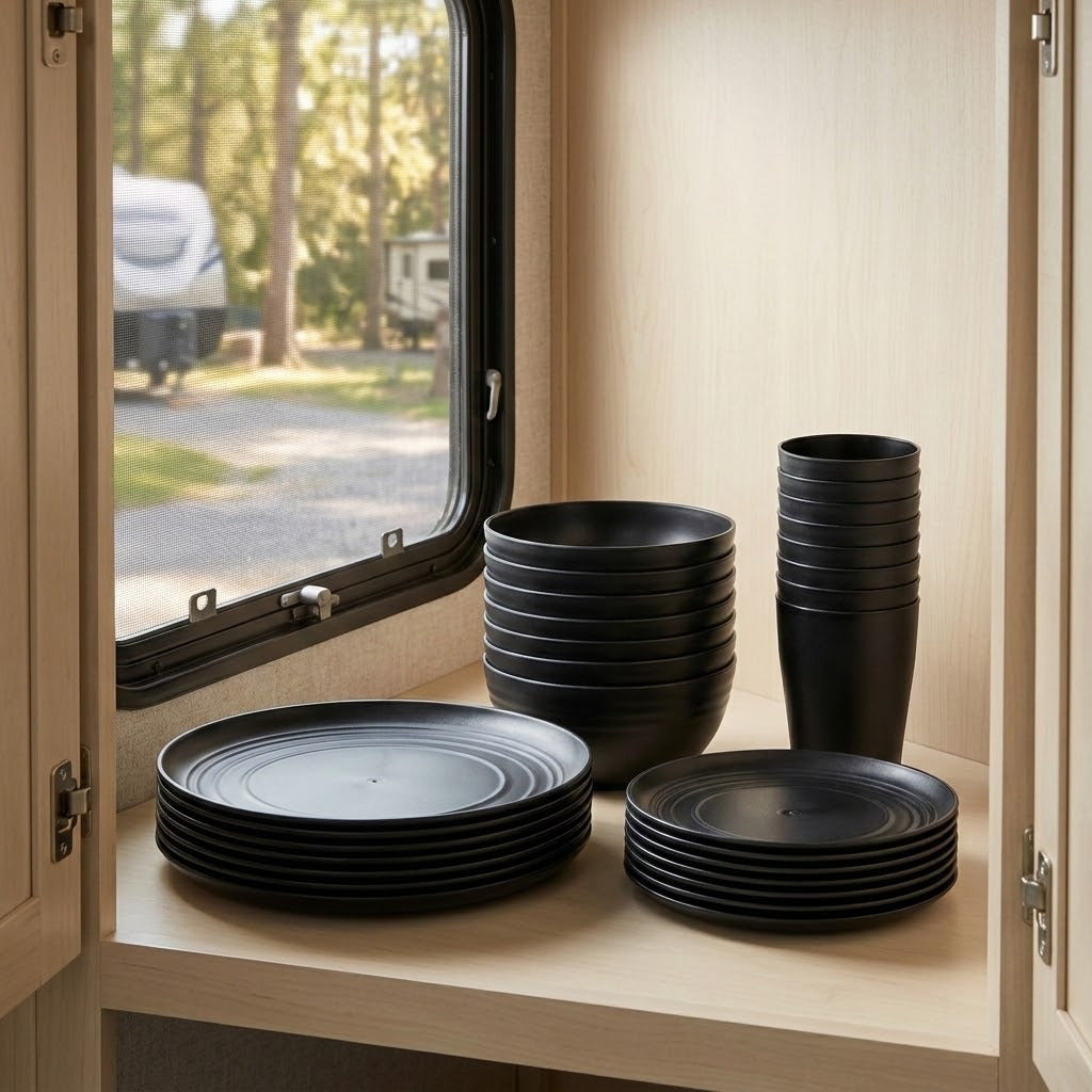 A set of matte black camping tableware, including plates and cups, neatly stacked on a wooden shelf inside an open cabinet with a window view of a campsite.