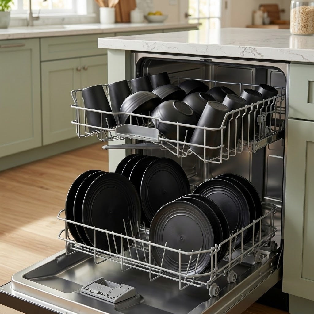 A stainless steel dishwasher with both racks pulled out, filled with black plates and bowls, set in a modern kitchen with light green cabinets and a white marble countertop.