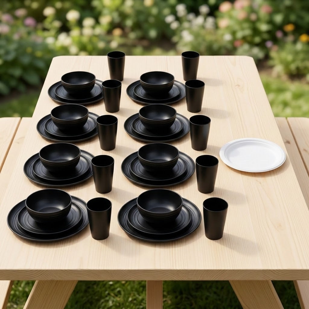 A set of matte black dinnerware, including bowls, plates, cups, and a white plate, arranged on a light wood picnic table outdoors with a blurred green garden background.