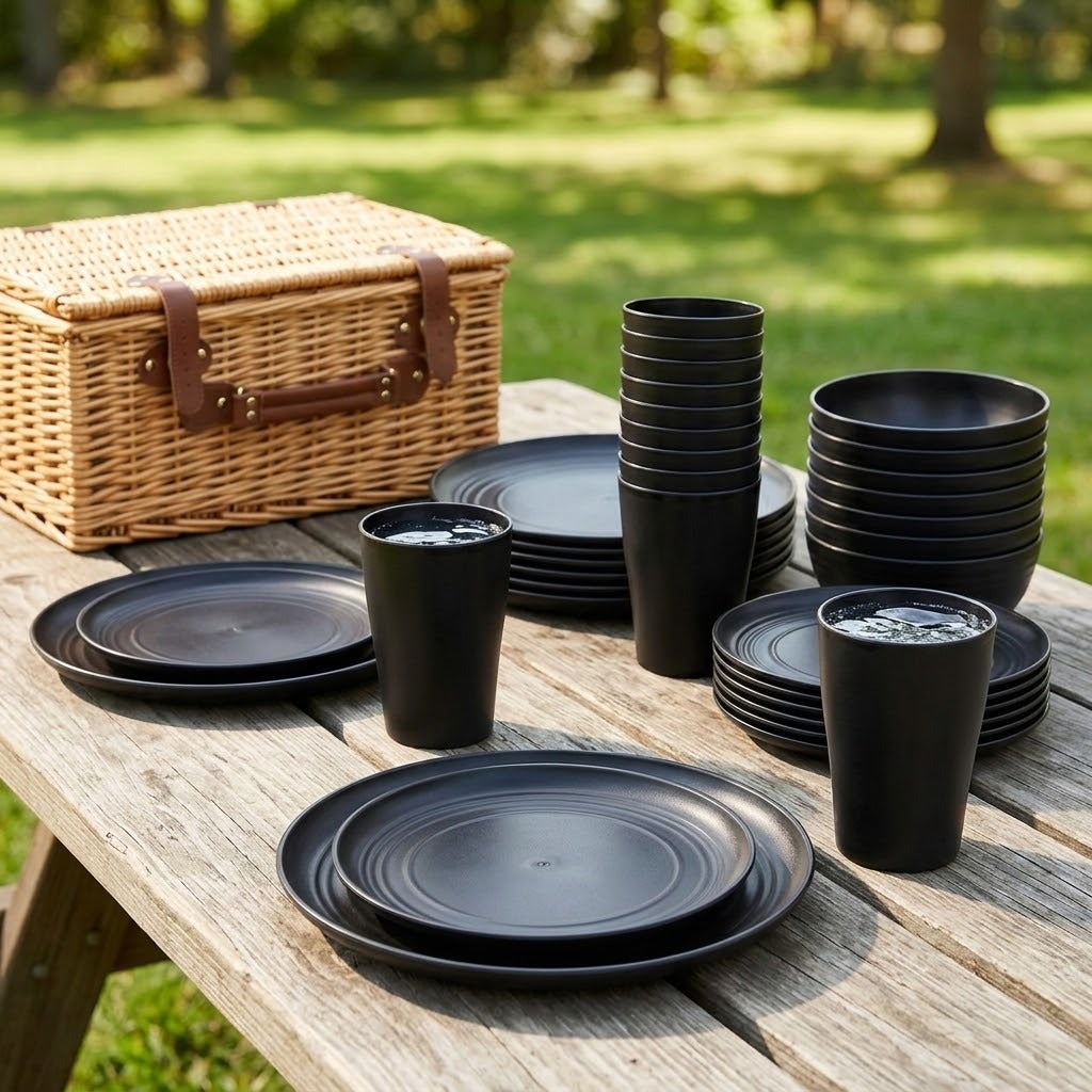 A black dinnerware set arranged on a wooden picnic table outdoors, with matching black cups, plates, bowls, and stacked plates. A woven wicker picnic basket sits behind the table, and a blurred green lawn with trees is in the background.