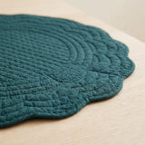 A close-up of a teal green quilted placemat with a scalloped edge, resting on a light-colored wooden tabletop.