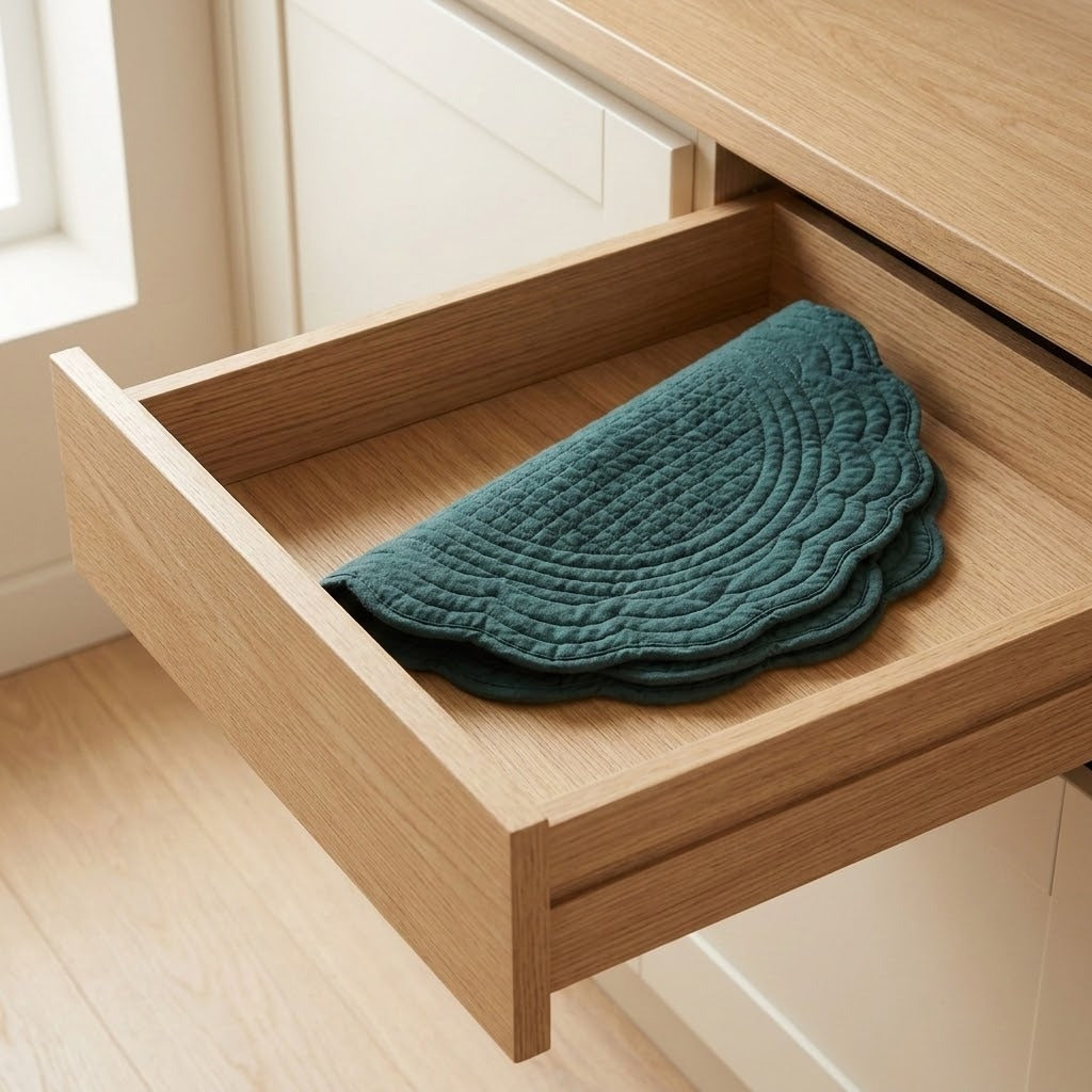 A teal green quilted desk mat with a scalloped edge rests inside an open light wood drawer on a desk.