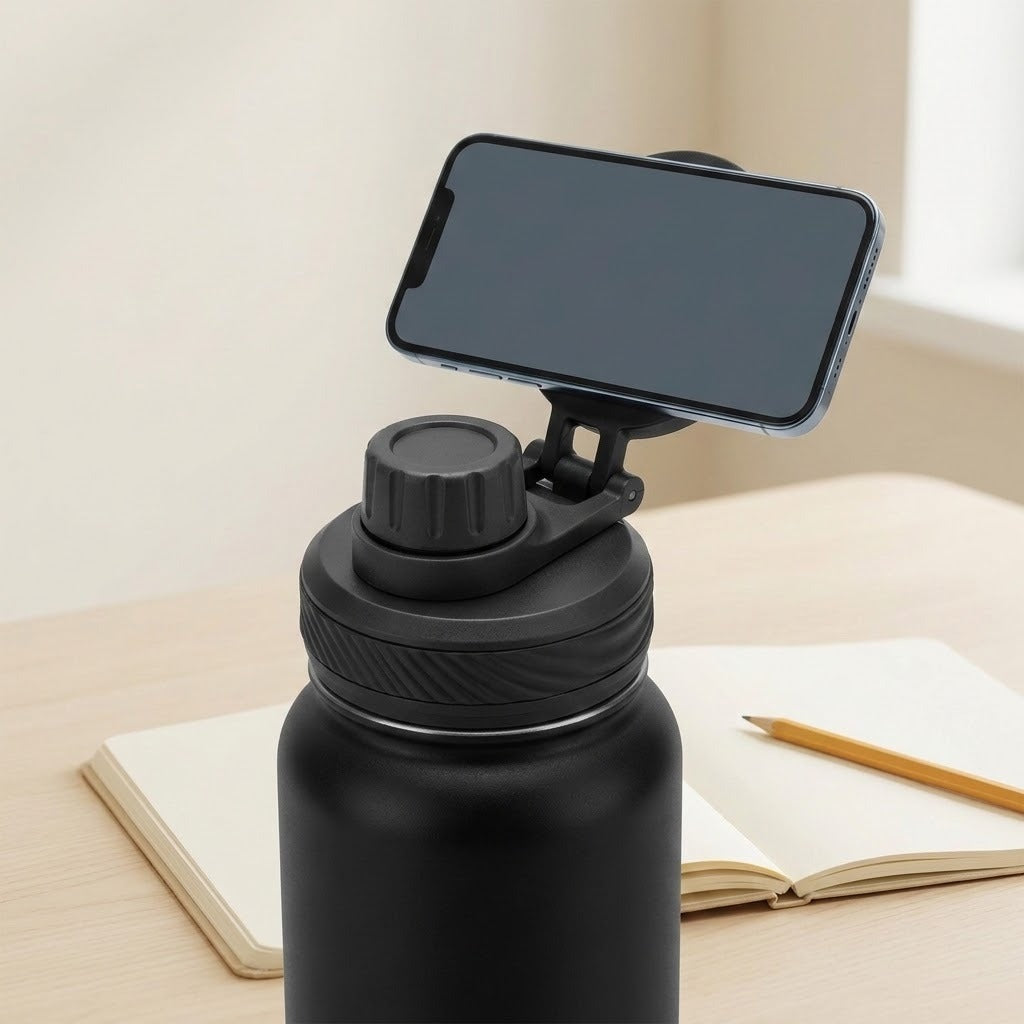 A matte black insulated water bottle with a flip-top lid and an attached smartphone holder, shown on a light wood desk with an open notebook and pencil in the background.