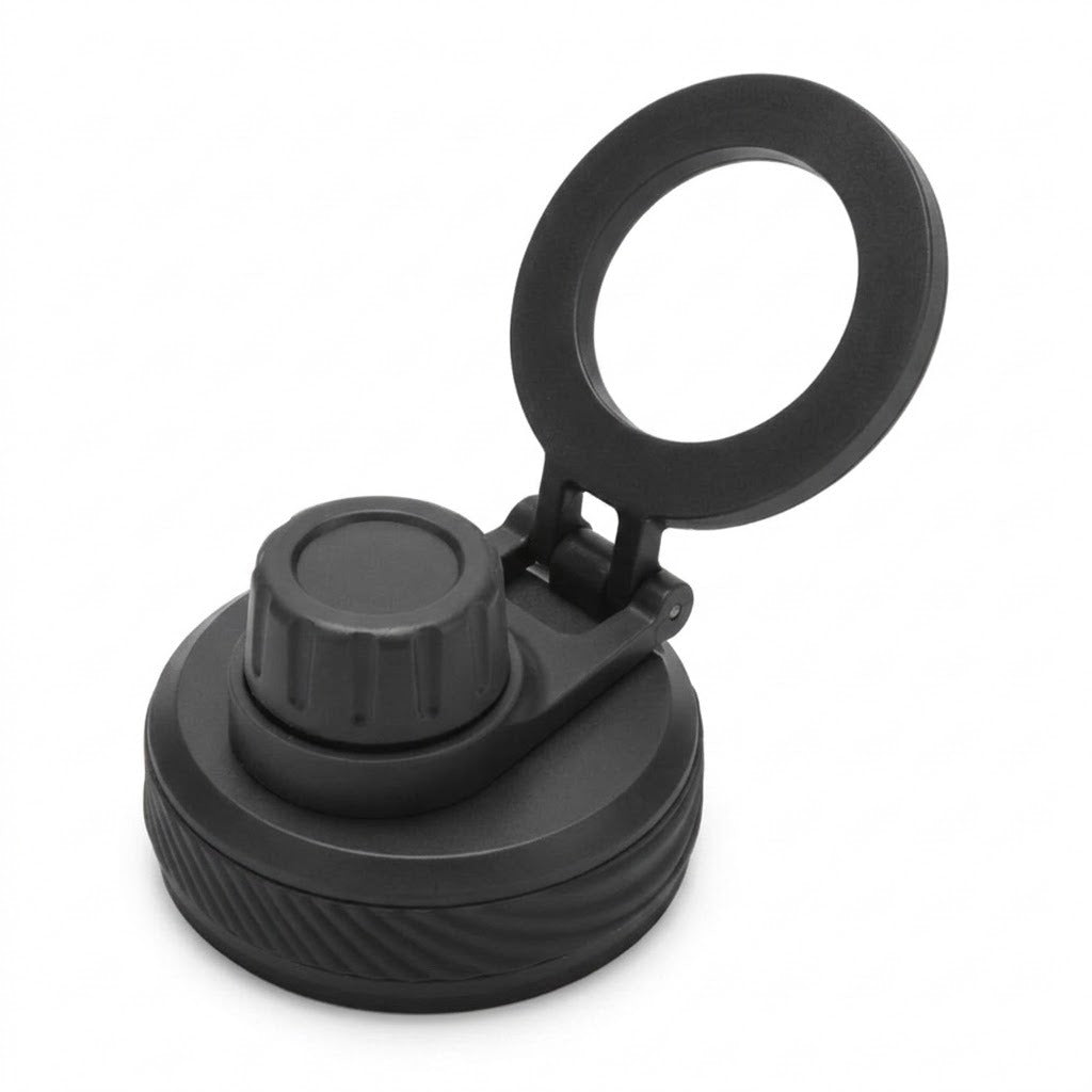 A black plastic bottle cap with an integrated flip-up loop handle and a ribbed screw-top closure, shown on a plain white background.