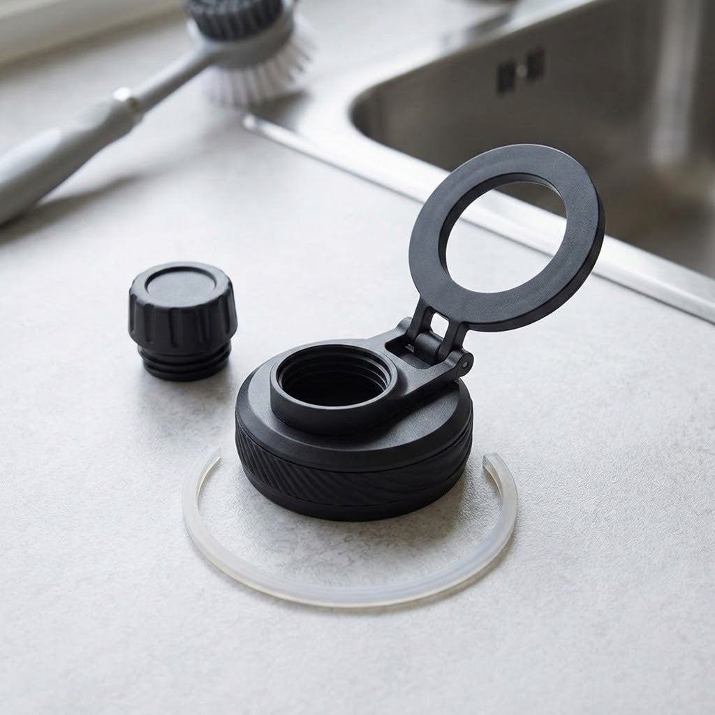 A black plastic water bottle lid with an open hinged flip-up spout and a separate cap, placed on a light countertop near a sink. A clear silicone seal is visible beneath the base.