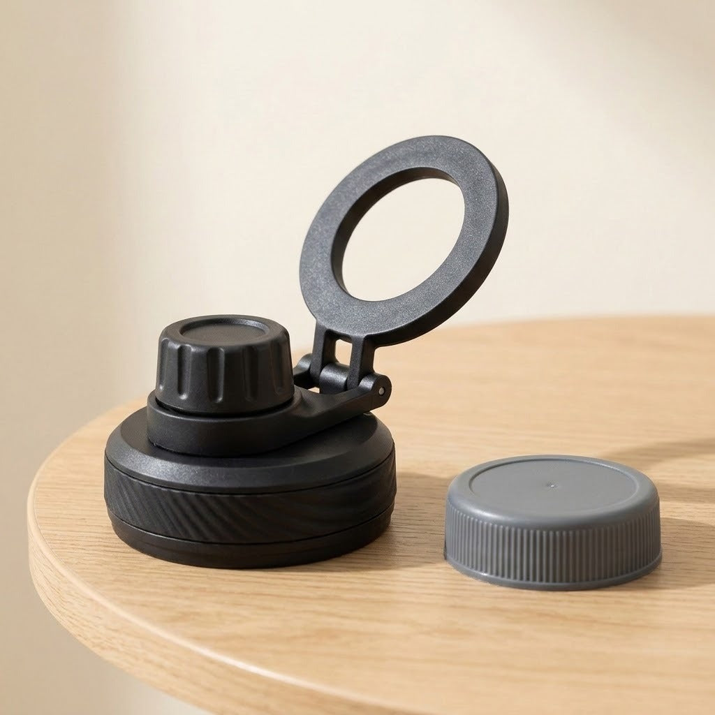 A black reusable bottle lid with a flip-up straw cover and a separate gray screw cap, displayed on a light wood table against a soft beige background.