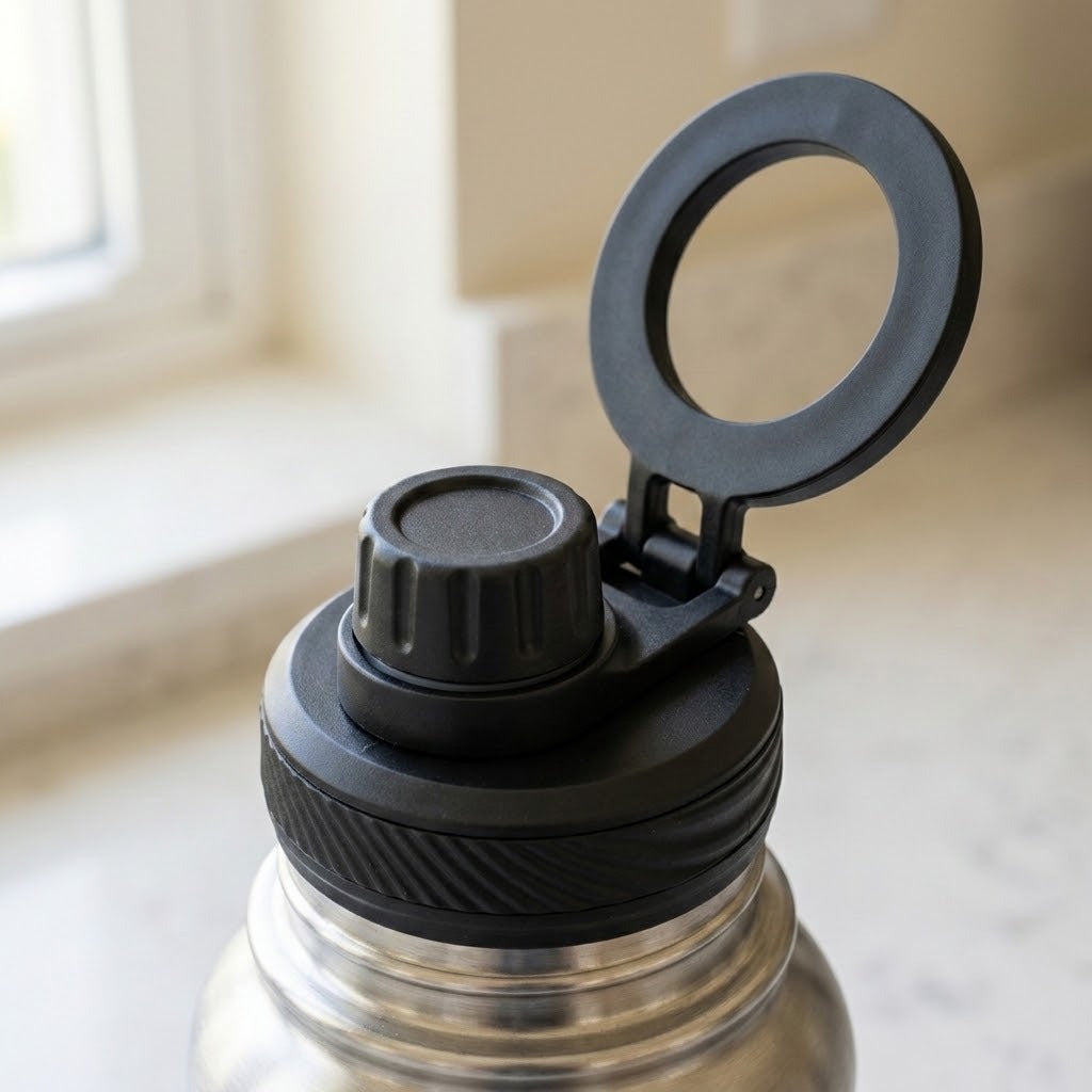 Close-up of a stainless steel water bottle with a black flip-top lid and a hinged carrying loop, photographed near a window.