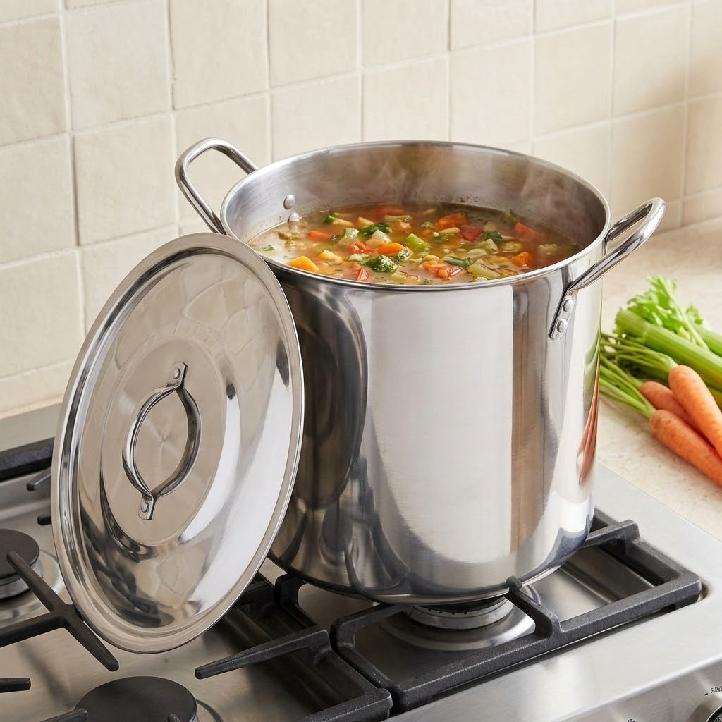 A large stainless steel stockpot with its lid leaning against it, filled with a vegetable soup on a gas stovetop in a kitchen. A bunch of carrots and celery sits on the counter beside the pot.