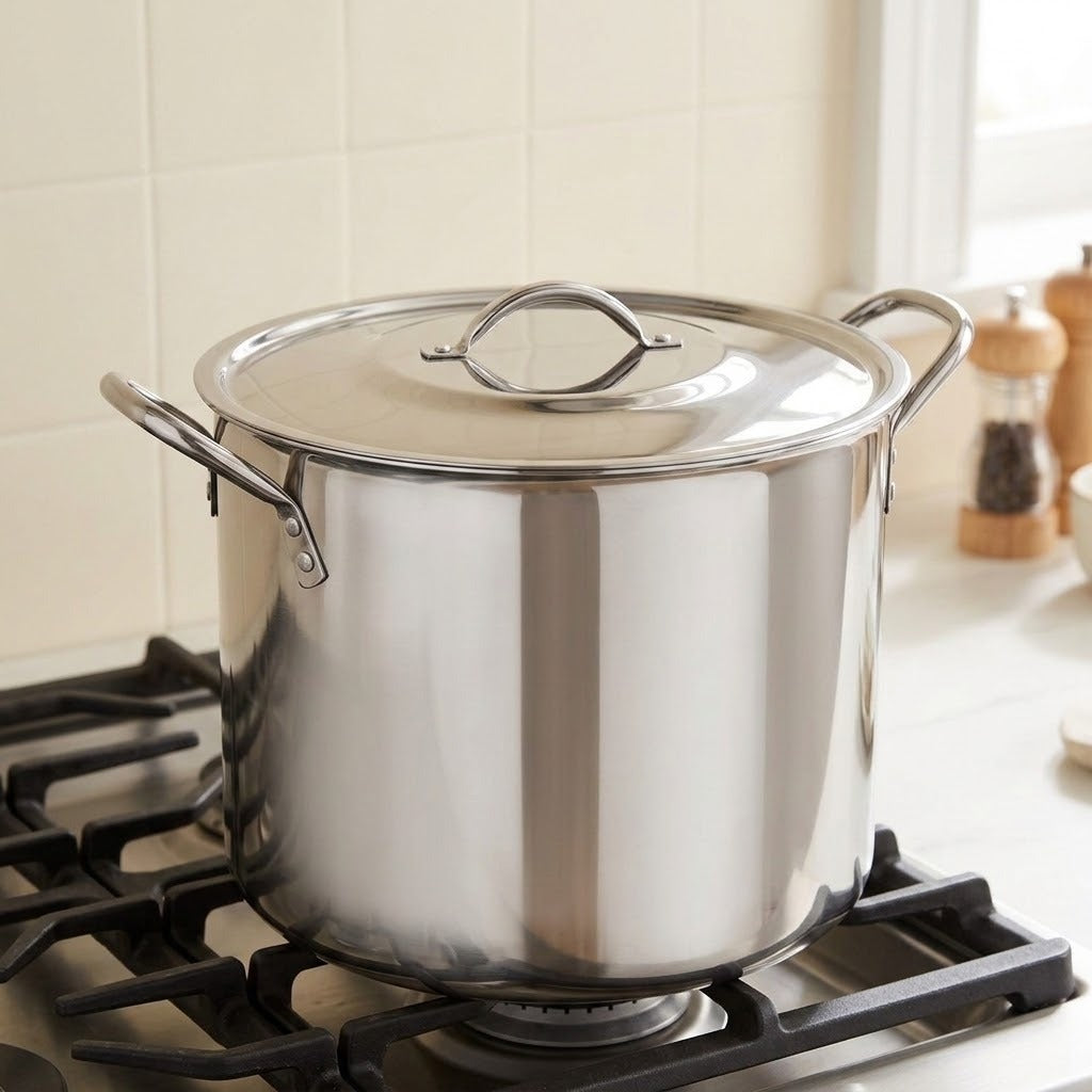 A large stainless steel stockpot with a lid sits on a gas stovetop in a kitchen setting with tiled walls and countertop items in the background.