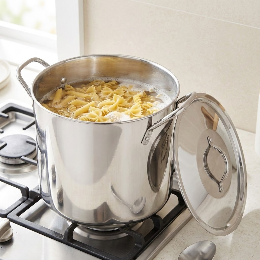 A large stainless steel stockpot with a matching lid leaning against it, sitting on a gas stovetop with pasta boiling inside. The pot and lid have polished metal handles and are shown in a bright kitchen setting.