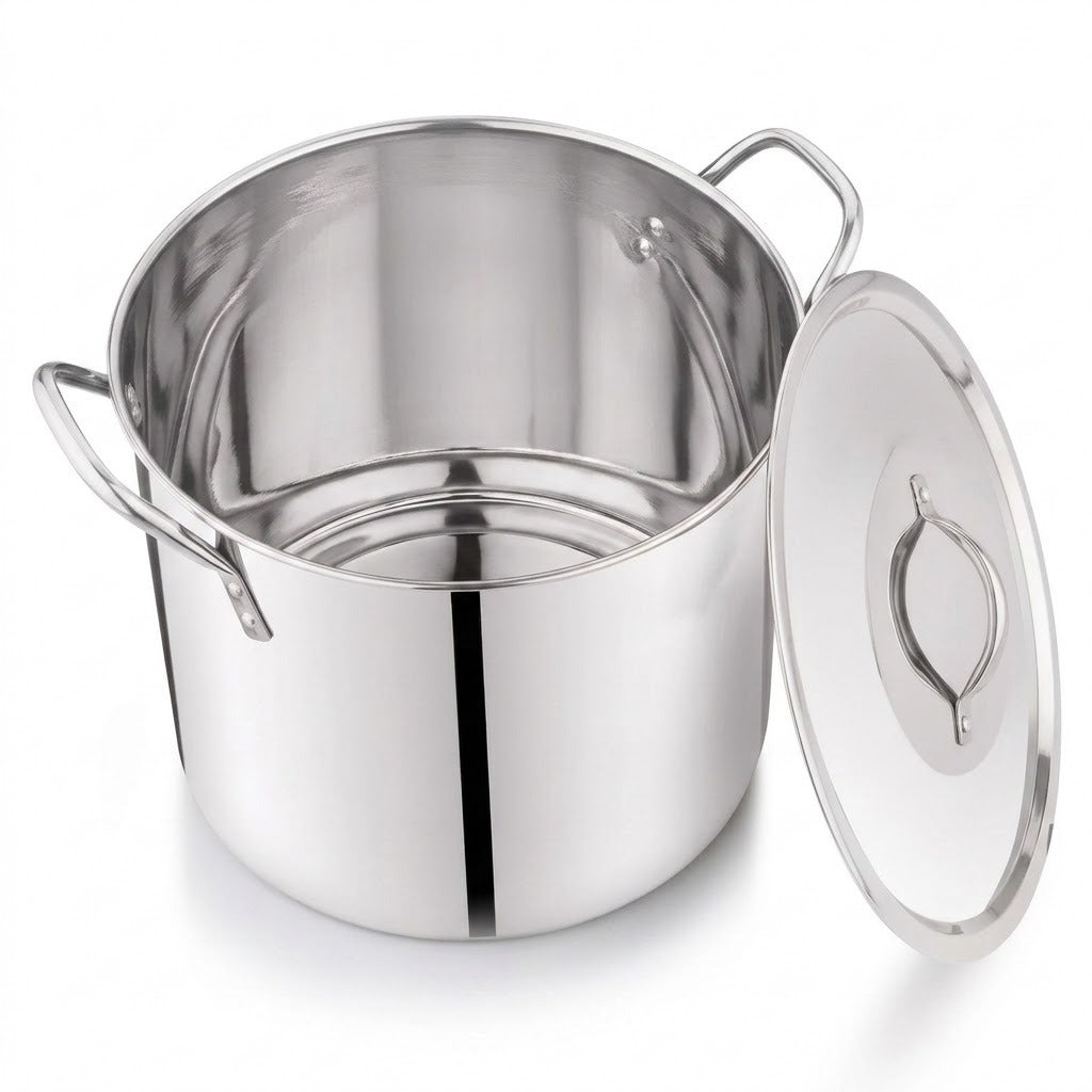 A stainless steel stockpot with side handles and a matching glass lid leaning against it on a white background.