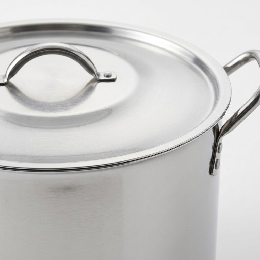 A close-up of a stainless steel stockpot with a matching lid and side handles, shown on a clean white background.