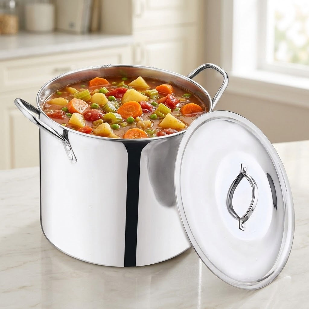 A stainless steel stockpot filled with a colorful vegetable stew and a matching lid leaning against it on a kitchen counter, with a softly blurred kitchen interior in the background.