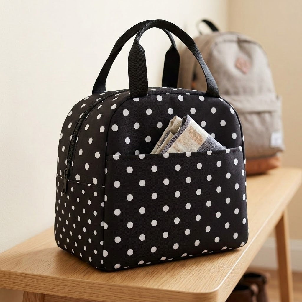 A black and white polka dot lunch bag with dual top handles sits on a light wood table, with a gray backpack blurred in the background.