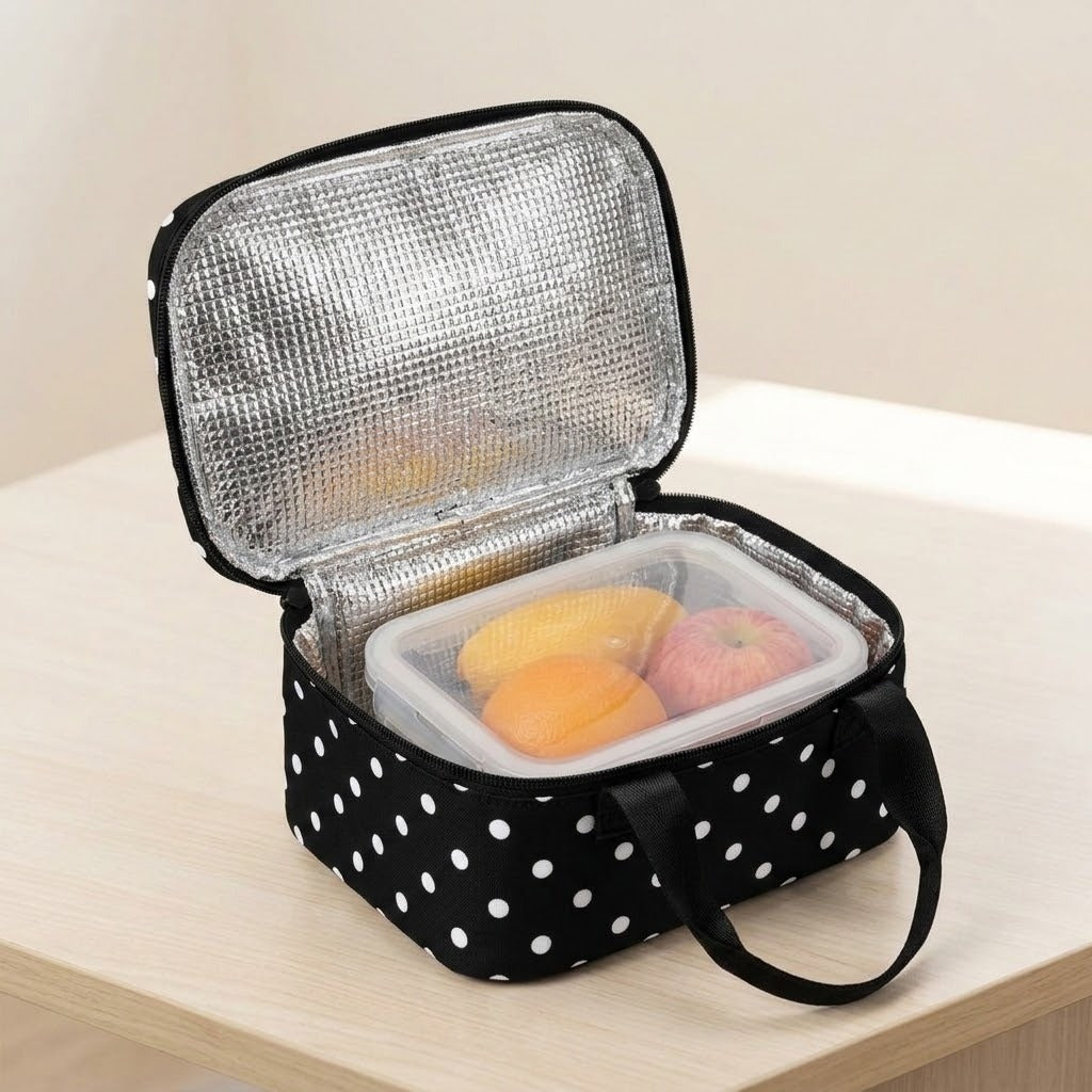 A black and white polka dot insulated lunch bag with an open silver-lined lid, containing a clear plastic container with fruit, placed on a light wood table.