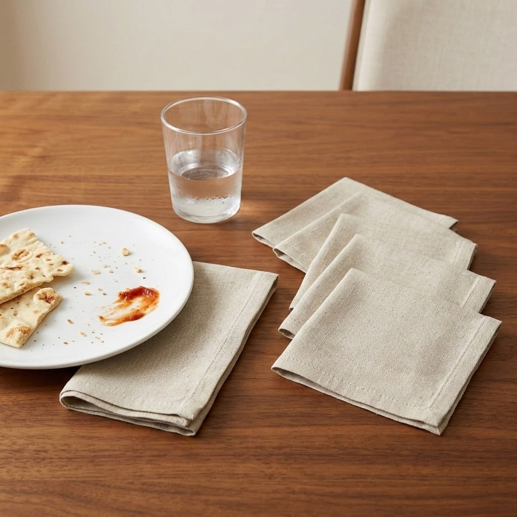 A set of light beige linen napkins arranged on a wooden table, with one folded napkin under a white plate with crumbs and a piece of bread, and another folded napkin beside a clear glass of water.
