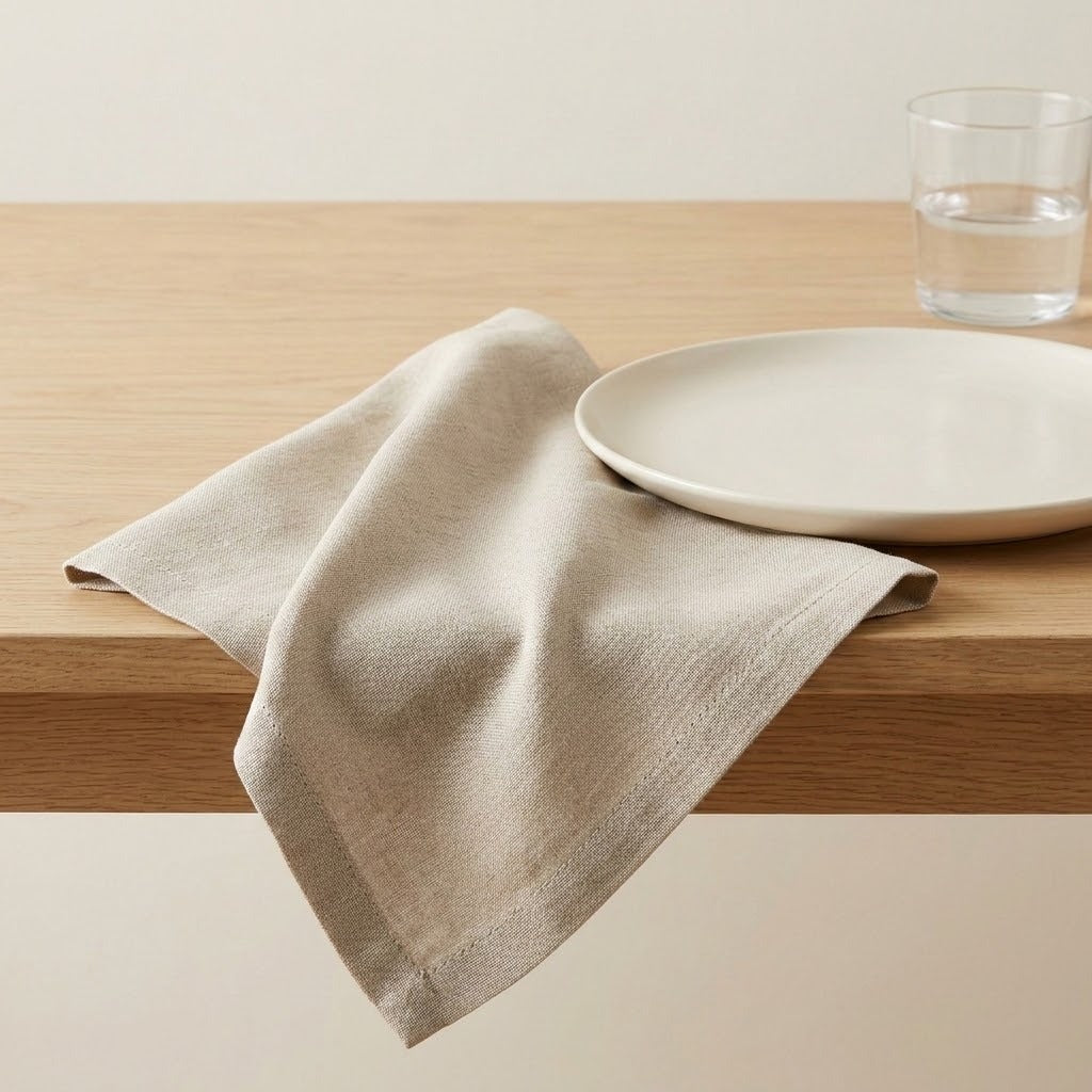 A light beige linen napkin draped over a light wood table next to a white ceramic plate and a glass of water.