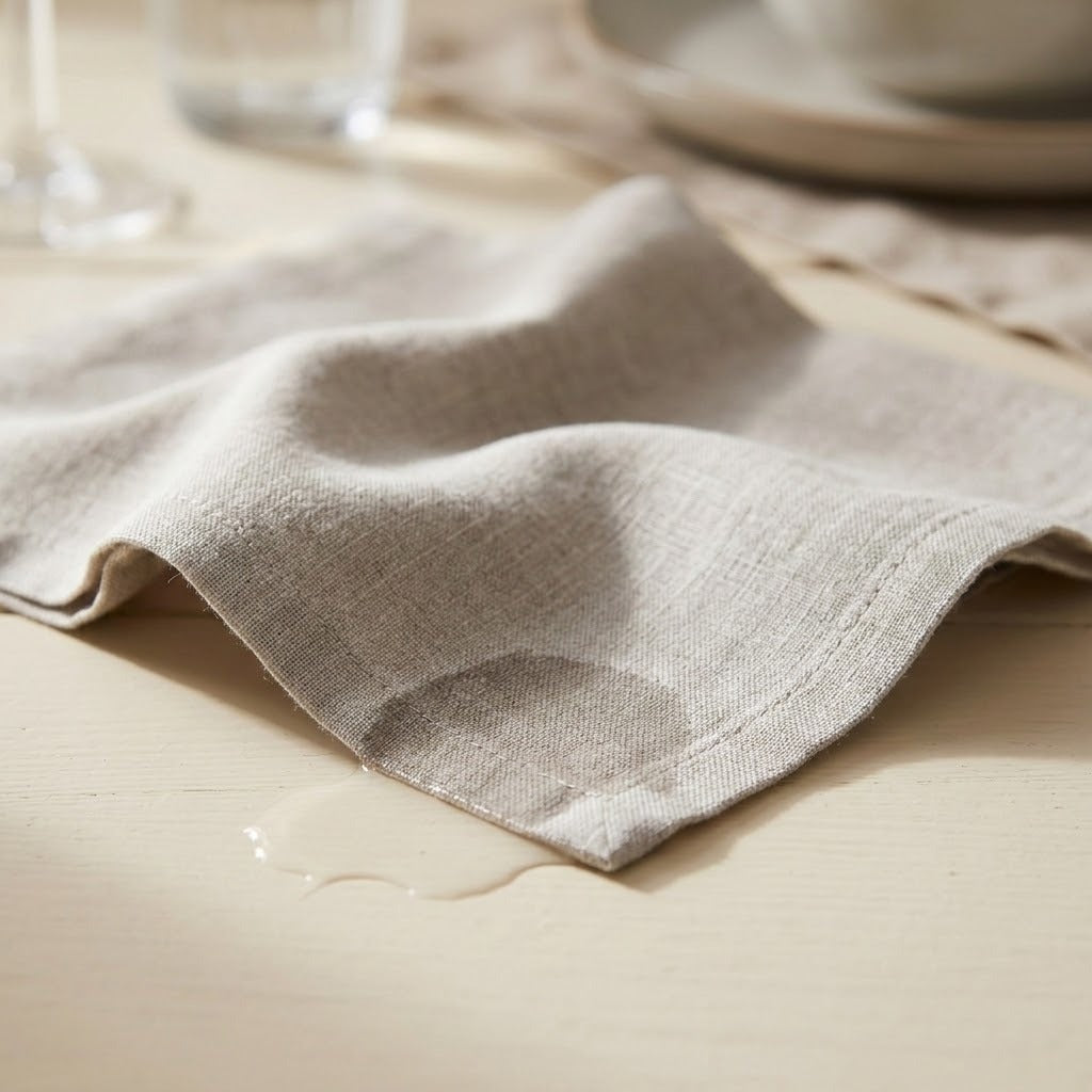 A light beige linen napkin with a water droplet showing its water-resistant property, styled on a light wooden table with a blurred dining background.