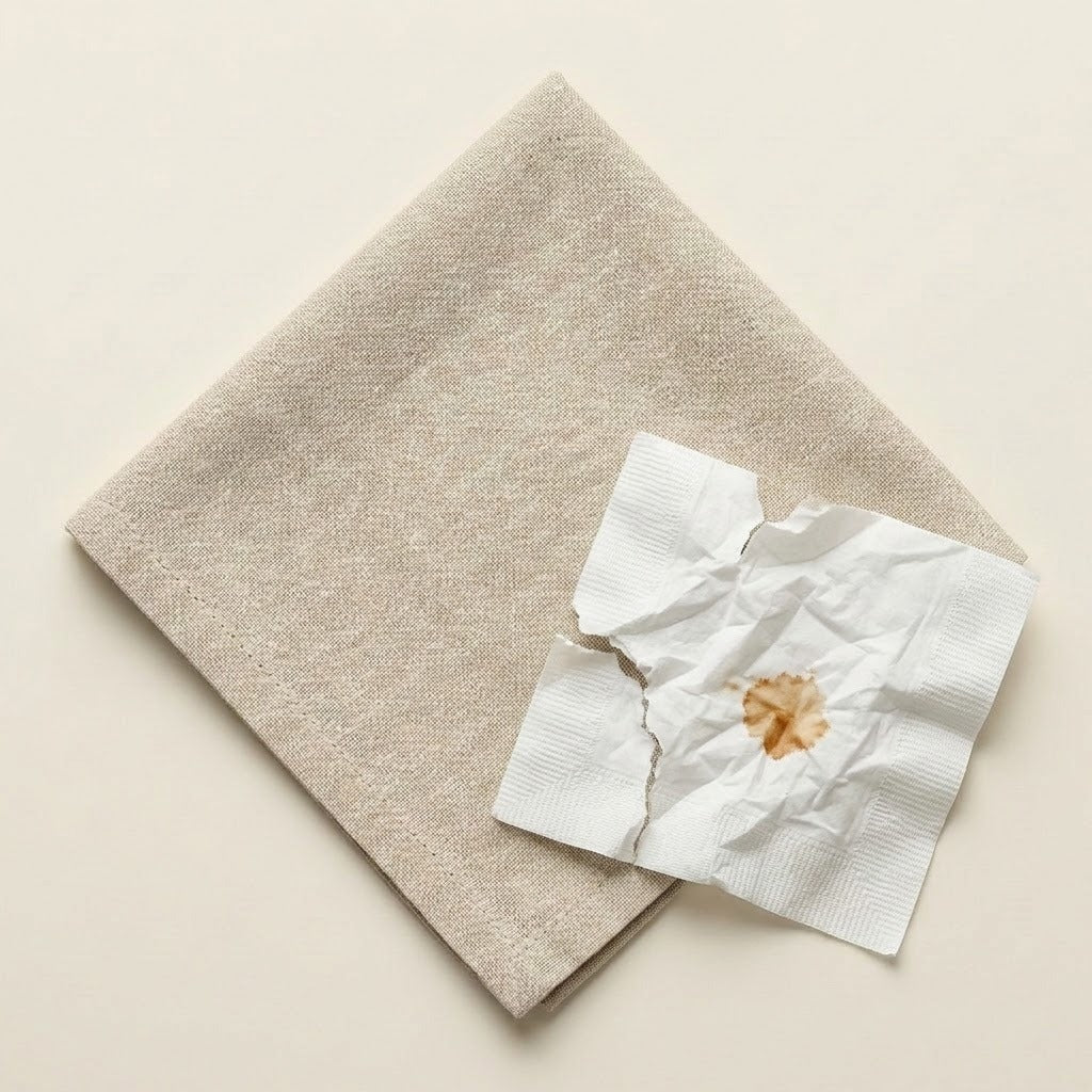 A beige textured fabric square, likely a napkin or small towel, shown on a light cream background with a crumpled white paper towel featuring a brown stain placed on top.