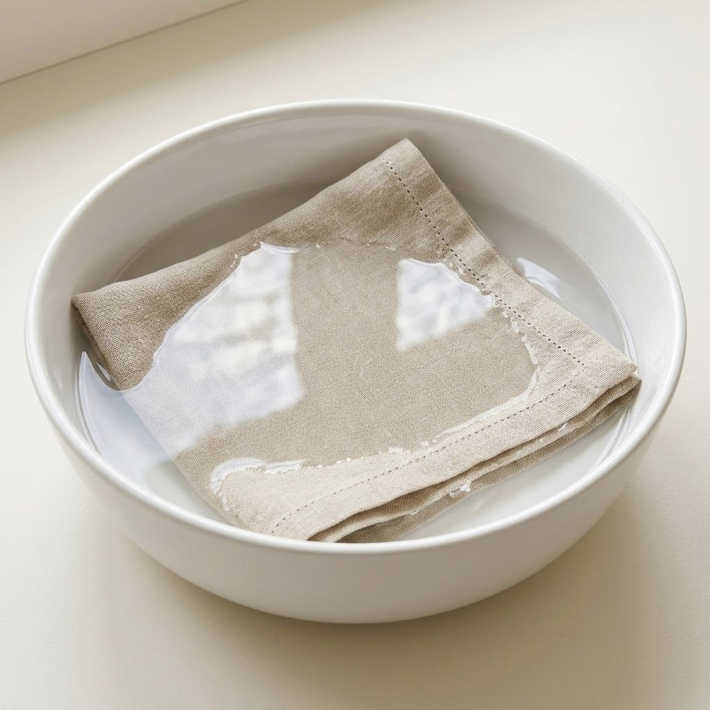 A folded beige linen napkin with stitched edges rests in a shallow white bowl of water on a light beige surface.