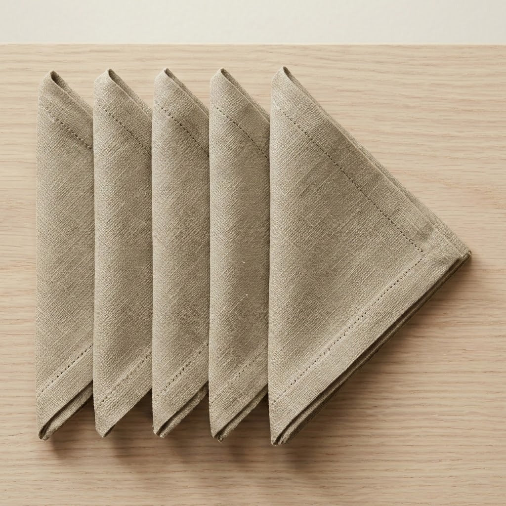 Five folded linen napkins in a light beige color arranged in a row on a light wood tabletop.