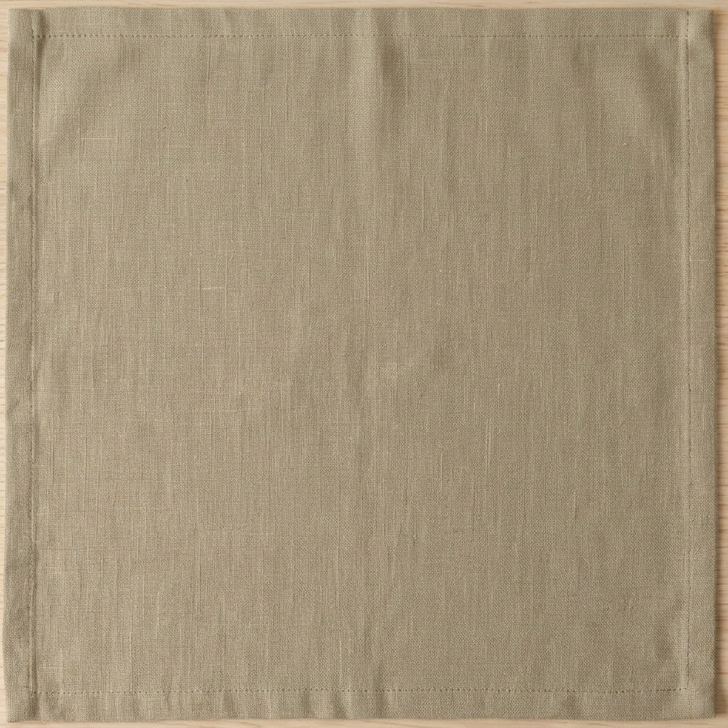 A square linen napkin in a muted sage green color, featuring a subtle woven texture and neatly finished stitched borders.