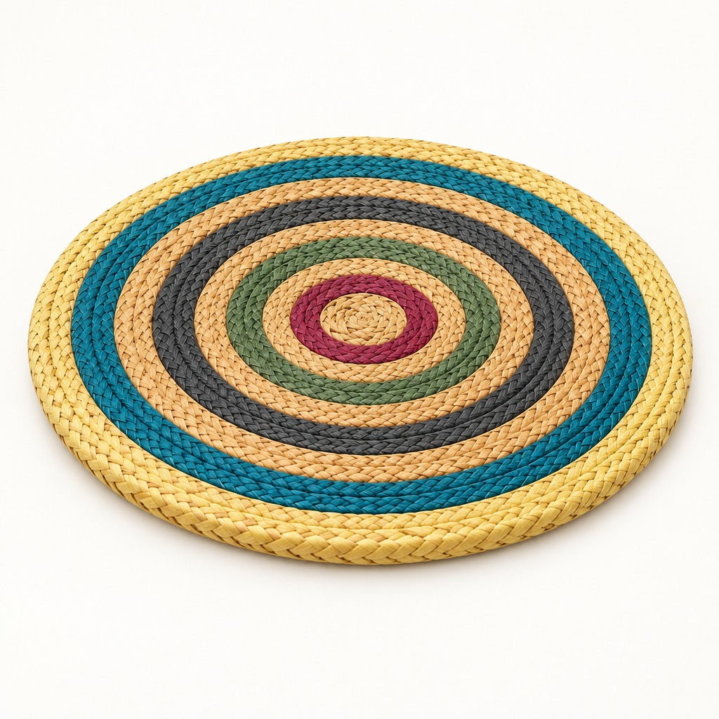 A round woven straw placemat in a natural light tan color, photographed from a top-down angle on a solid white background.