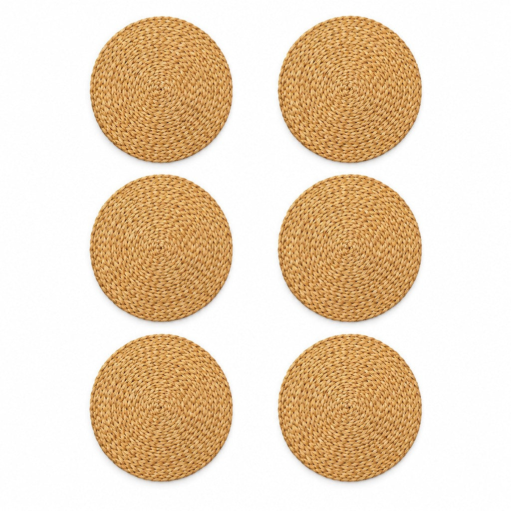 Six round woven straw placemats in a natural tan color, arranged in a two-column grid on a solid white background.