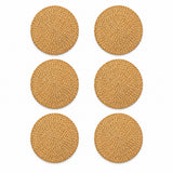 Six round woven straw placemats in a natural tan color, arranged in a two-column grid on a solid white background.