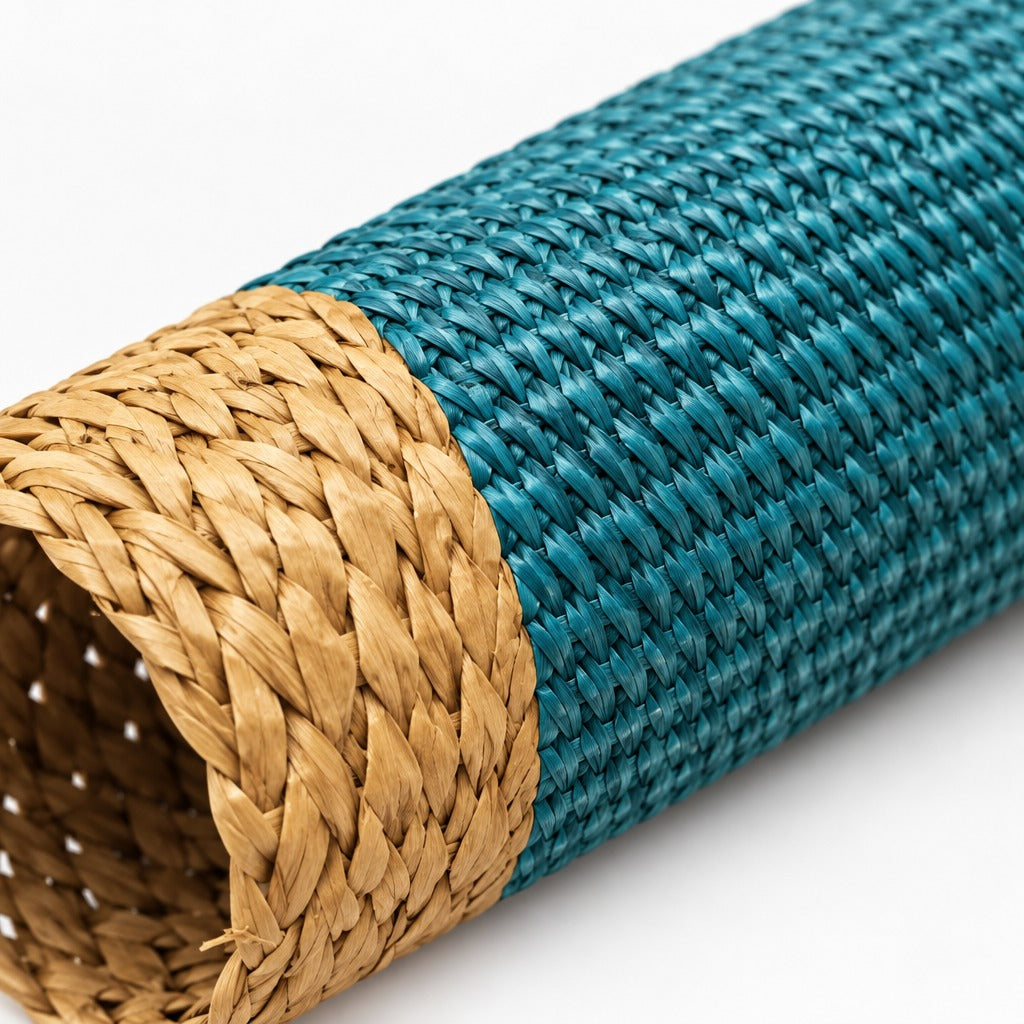 A close-up of a woven cylindrical mat or basket roll, showing a teal blue outer section and a natural tan straw inner section on a white background.