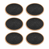 Six round black woven placemats with braided natural tan edges, arranged in a 2-by-3 grid on a white background.