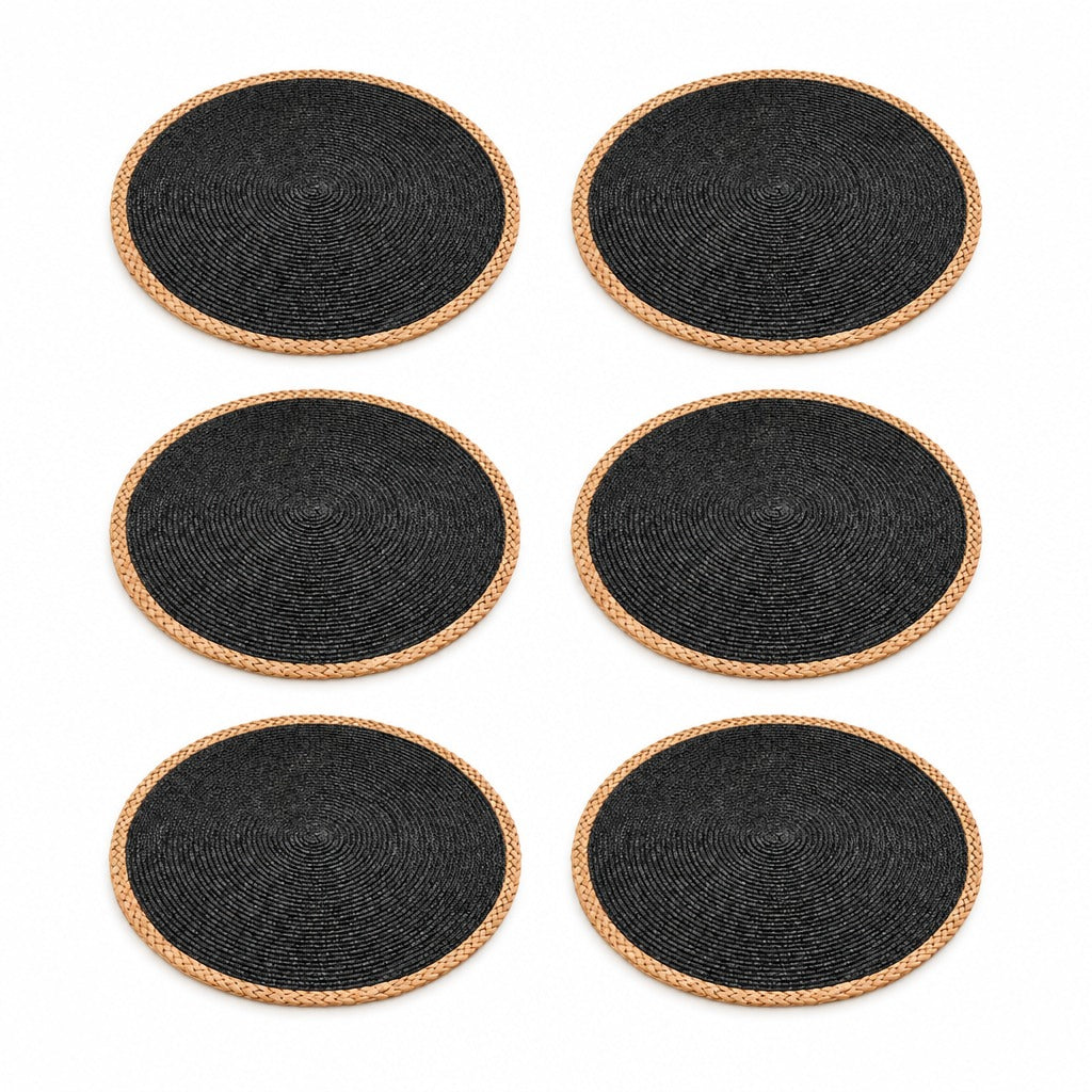 Six round black woven placemats with braided natural tan edges, arranged in a 2-by-3 grid on a white background.
