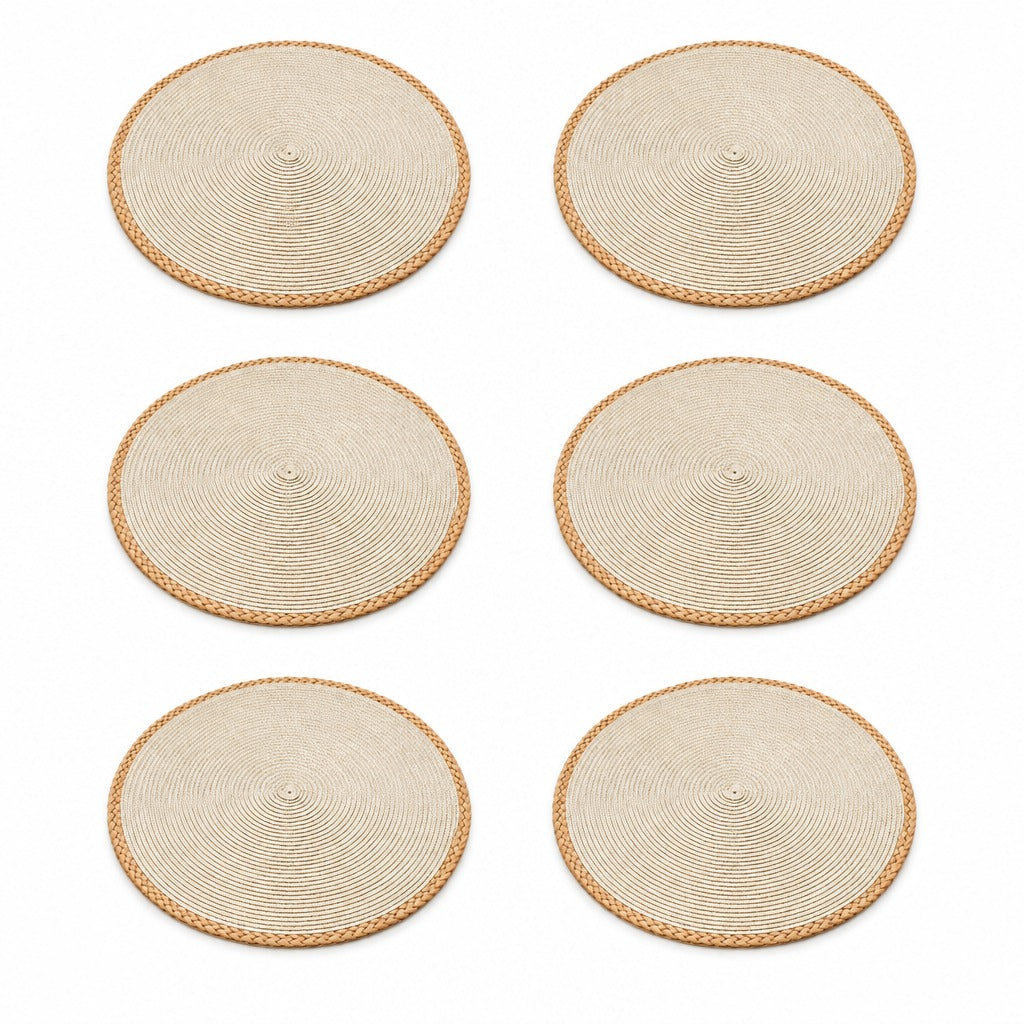 Six round woven placemats in a natural straw color with braided tan edges, arranged in a two-column grid on a white background.