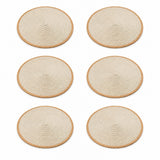 Six round woven placemats in a natural straw color with braided tan edges, arranged in a two-column grid on a white background.