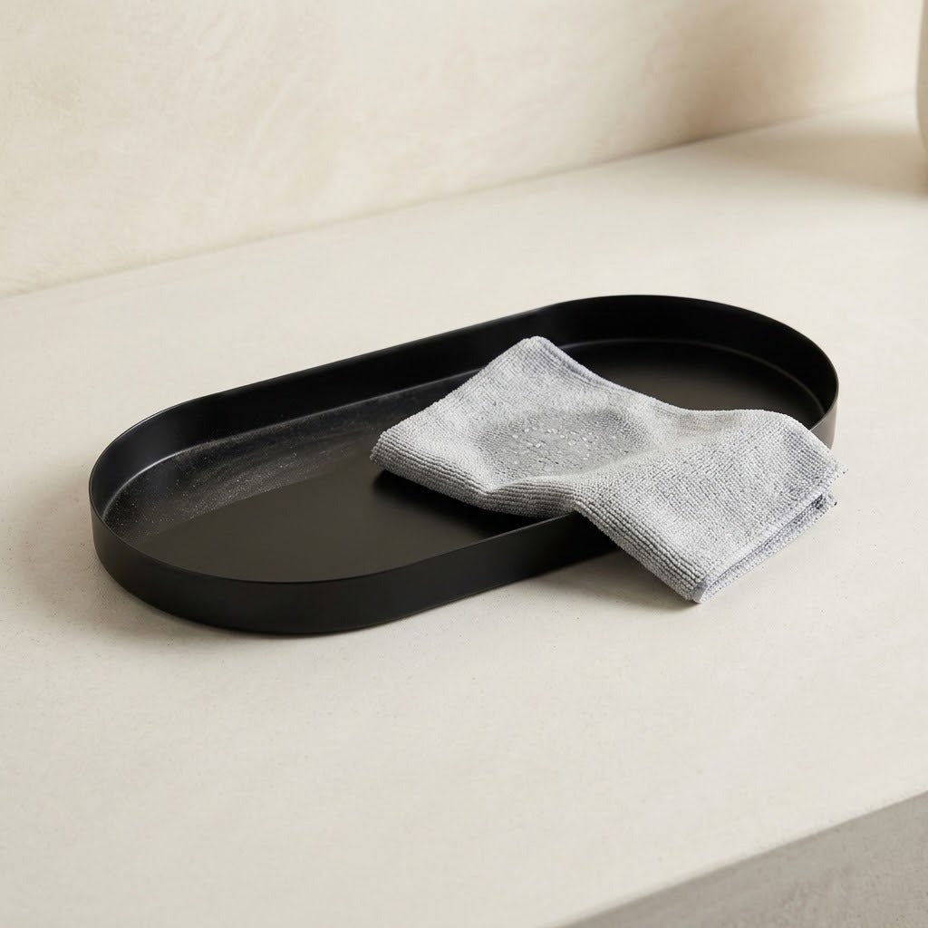 A matte black oval tray with a folded light gray cloth resting on it, set on a light beige surface against a matching neutral background.