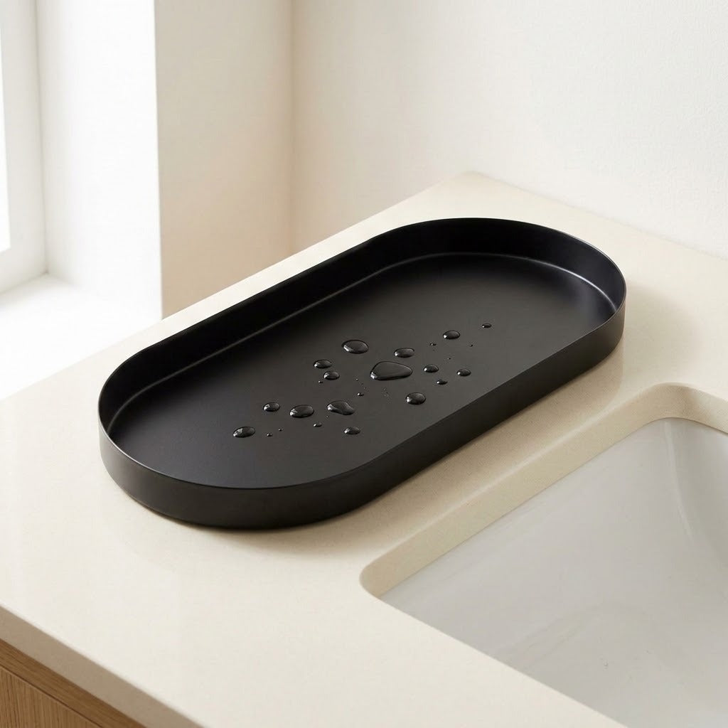 A matte black oval soap dish with water droplets on its surface, resting on a cream-colored bathroom countertop next to a sink.
