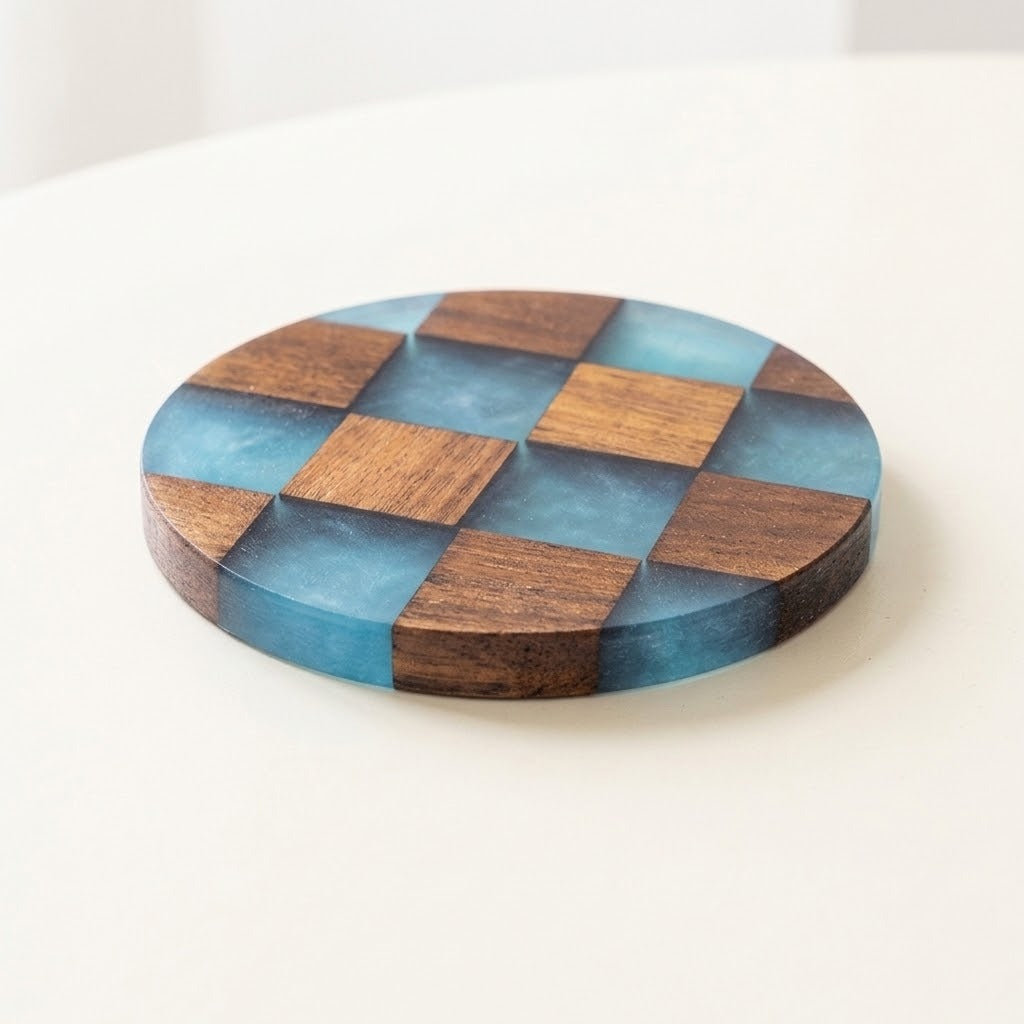 A round wooden and resin checkered coaster on a white surface, featuring alternating dark brown wood squares and translucent blue squares.