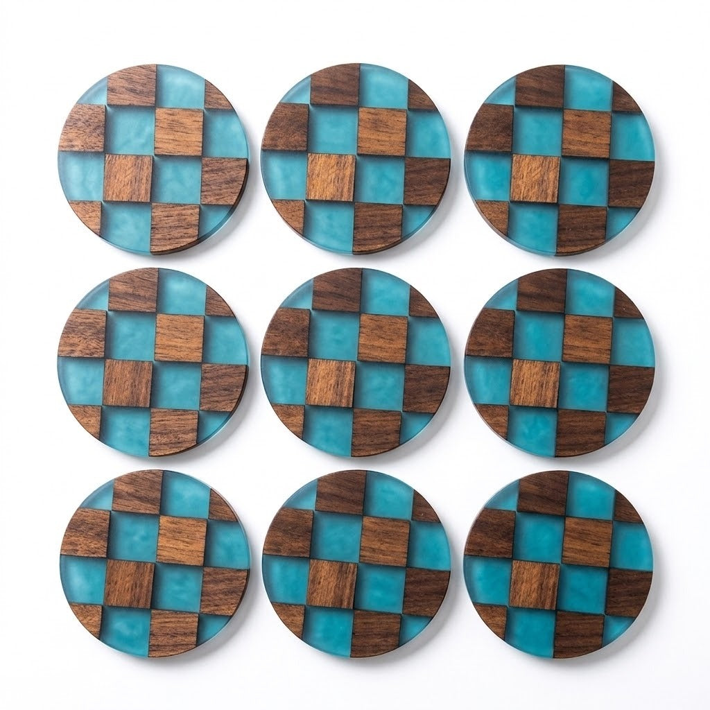 Nine round coasters arranged in a 3x3 grid on a white background, each featuring a checkered pattern of turquoise blue and dark brown wood.