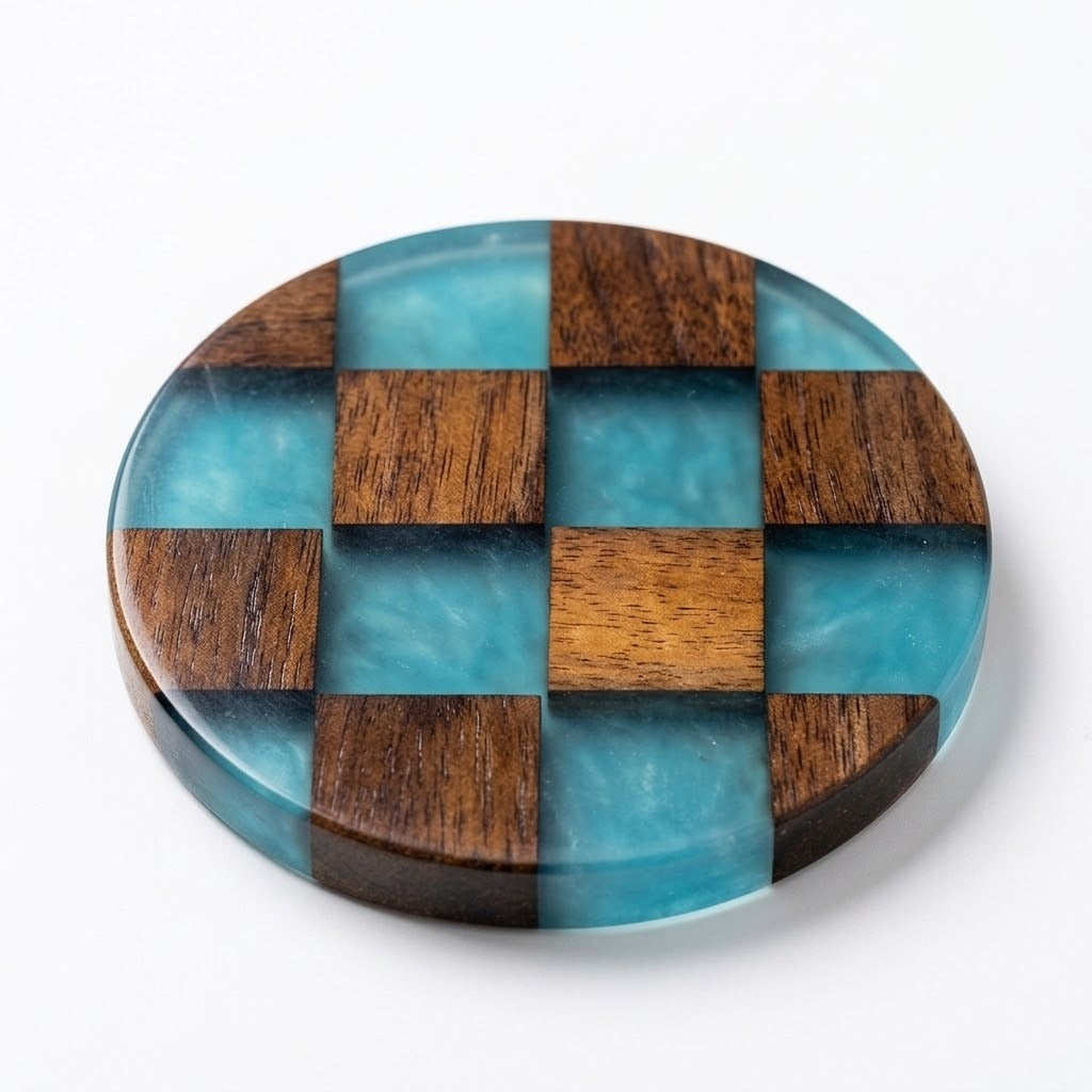 A round wooden coaster with a checkered pattern of dark brown wood and translucent turquoise blue resin, shown on a plain white background.