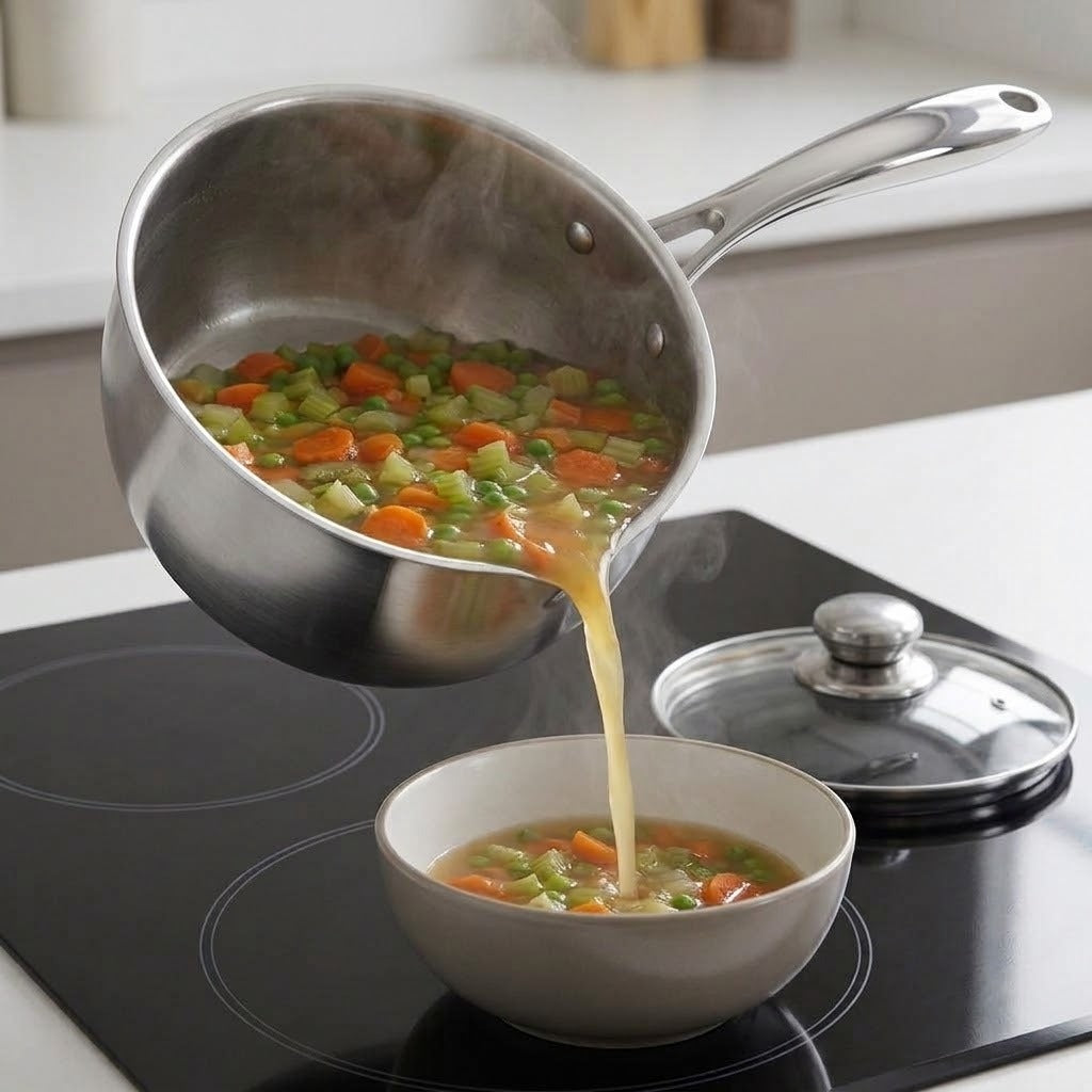 A stainless steel saucepan filled with vegetable soup is being poured into a white bowl on a black induction cooktop, with a glass lid resting nearby.